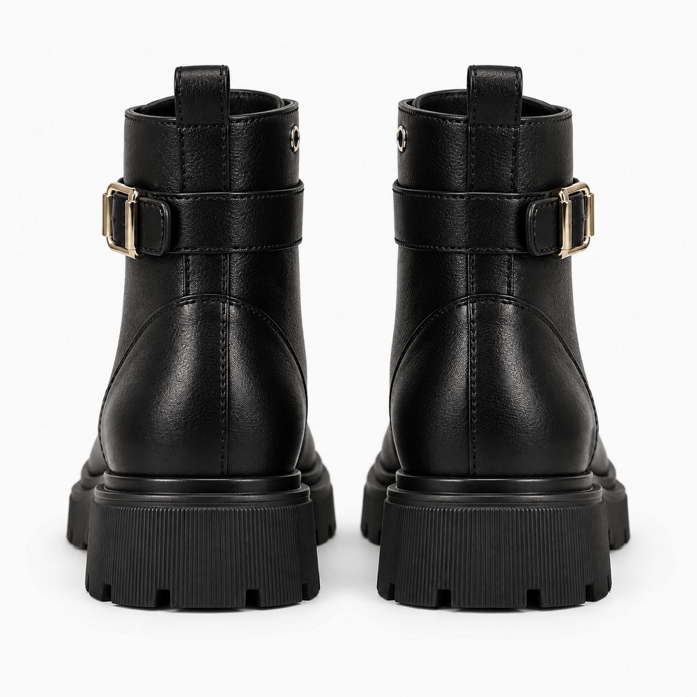 Women's Black Flat Leather Ankle Boots