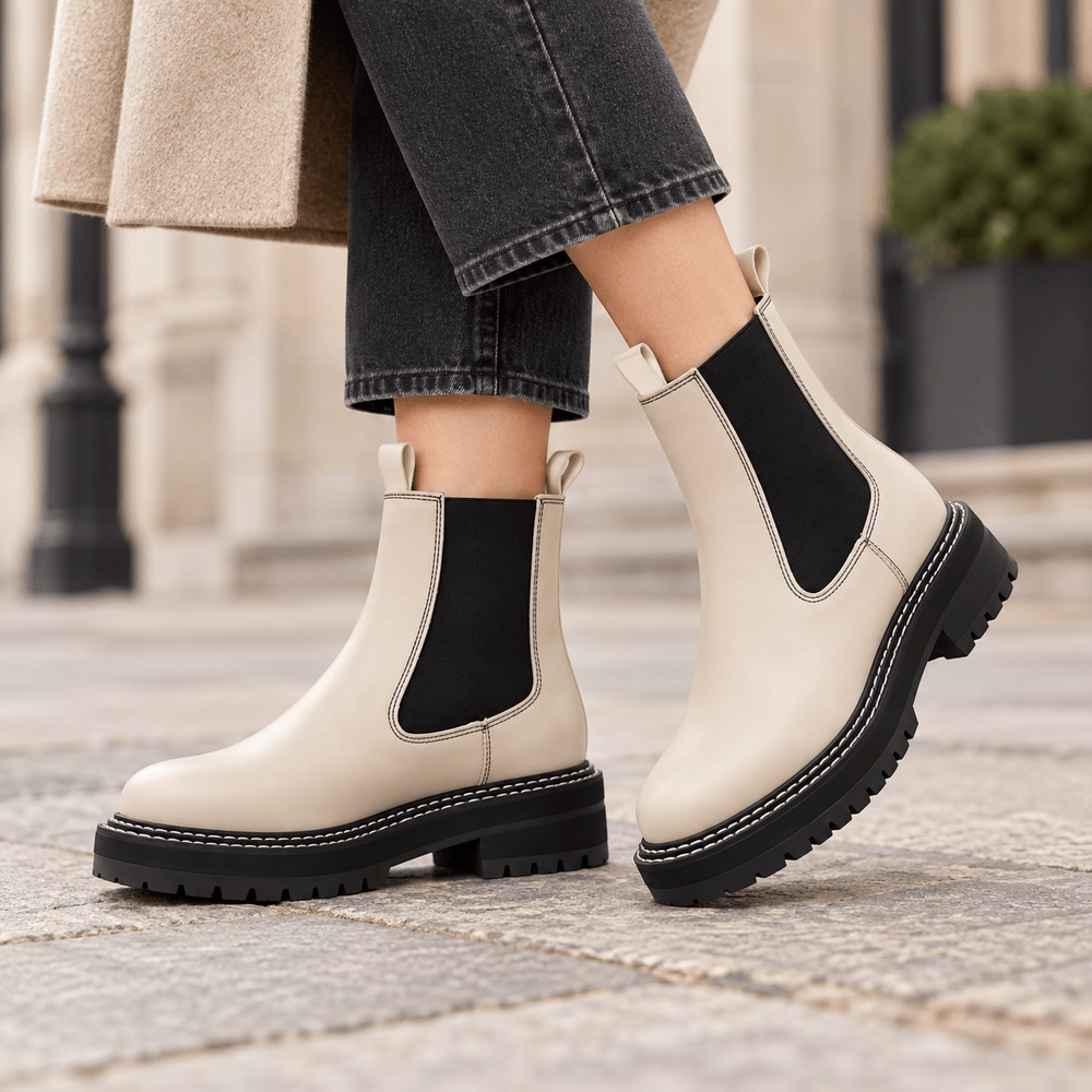 Women's Beige Flat Leather Boots