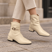 Women's Beige Leather Heeled Boots