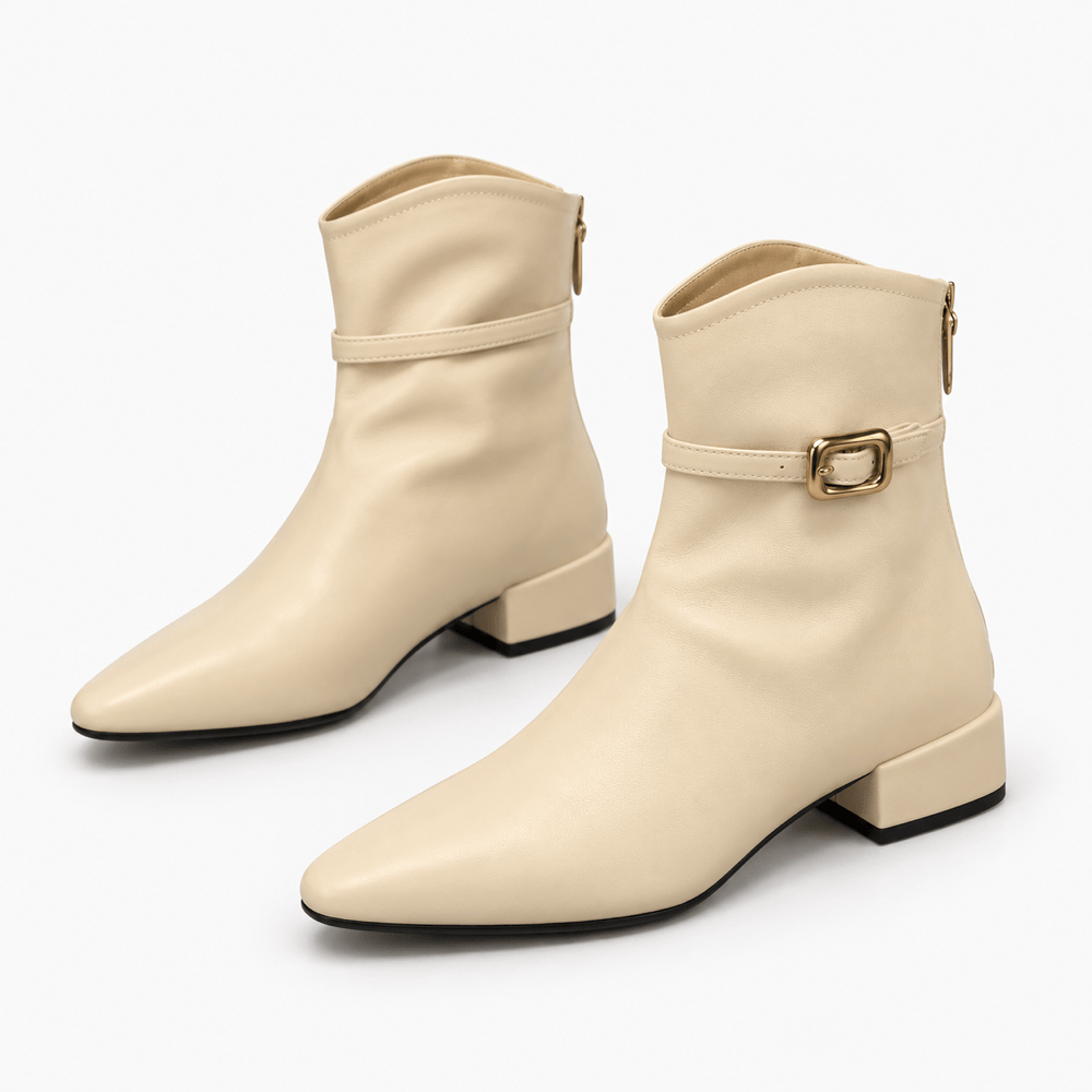 Women's Beige Leather Heeled Boots