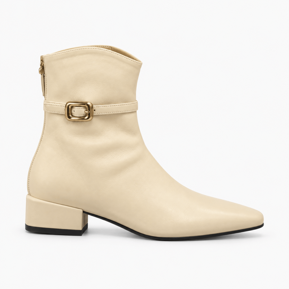 Women's Beige Leather Heeled Boots