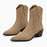 Women's Beige Leather Western Ankle Boots