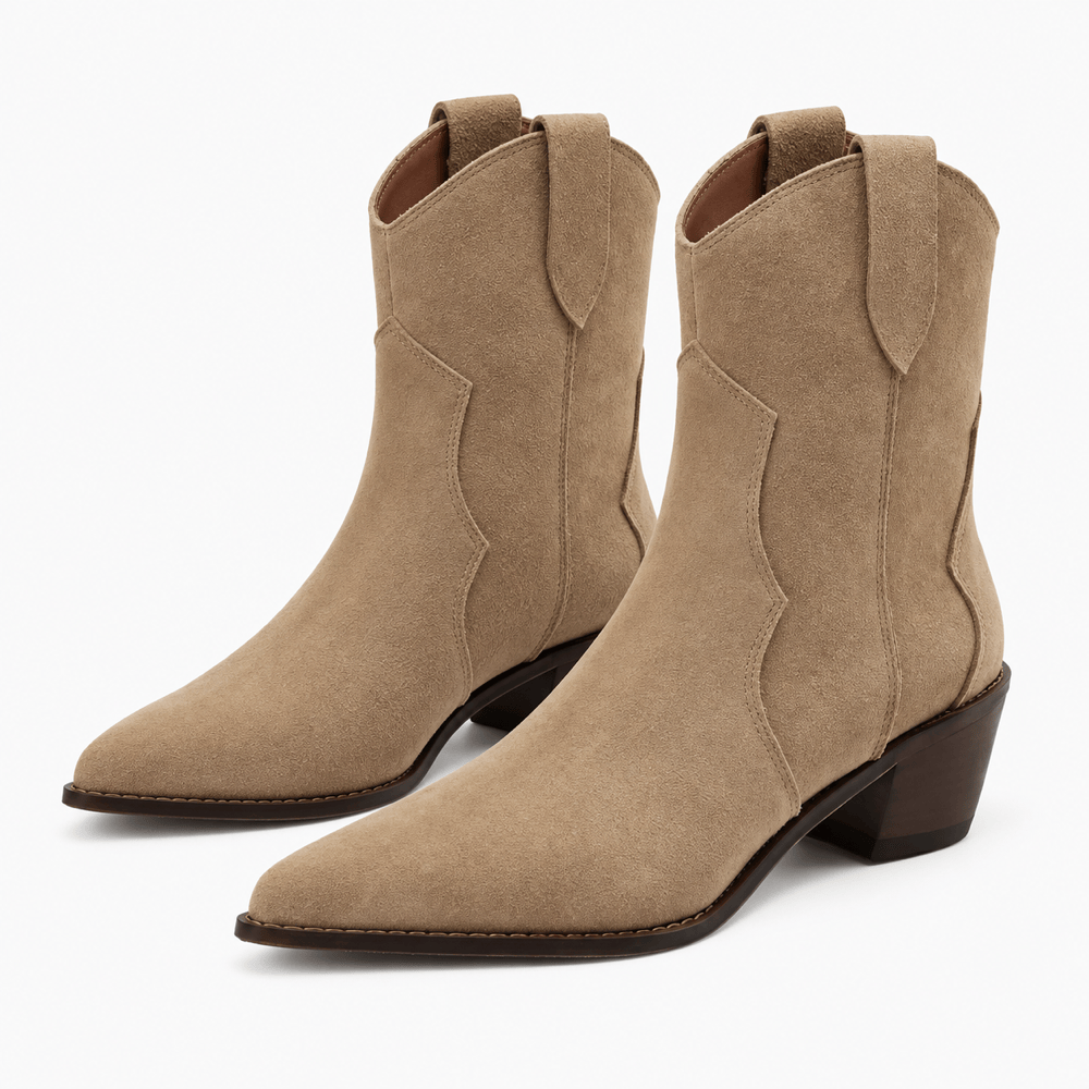 Women's Beige Leather Western Ankle Boots
