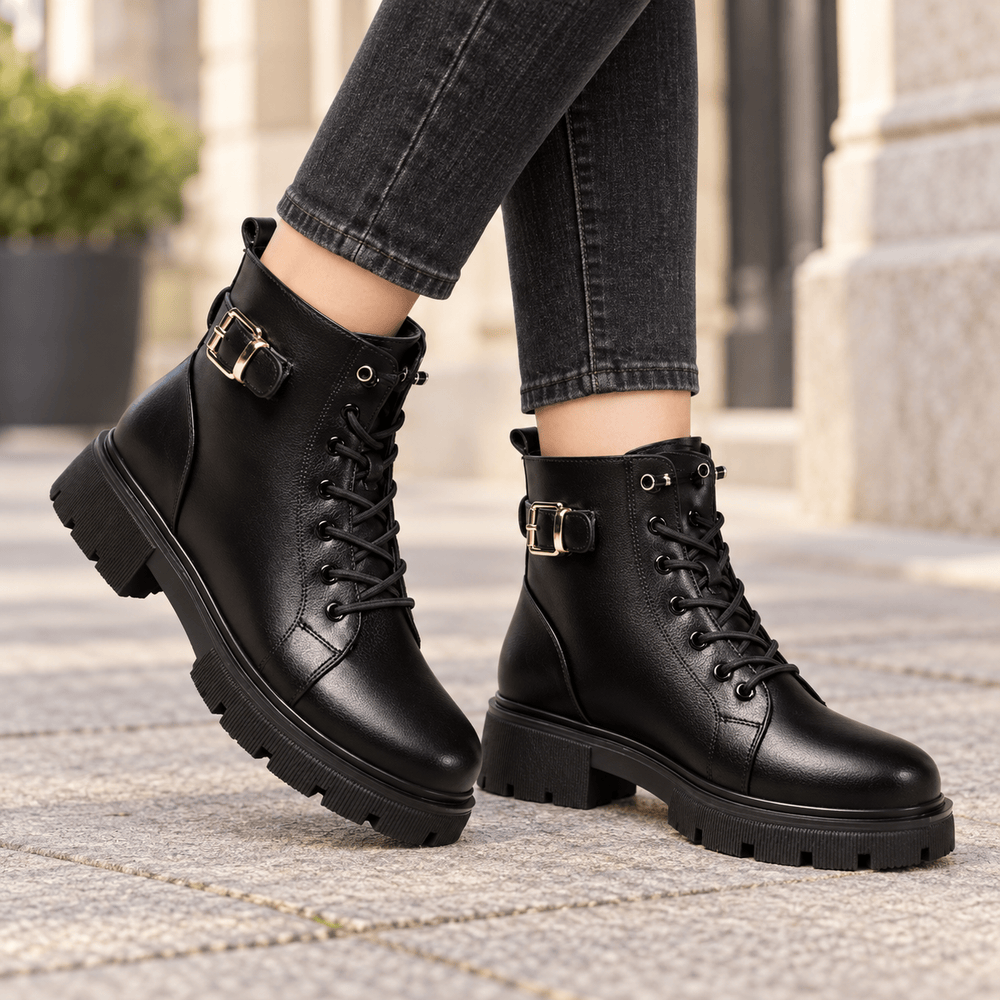 Women's Black Flat Leather Ankle Boots