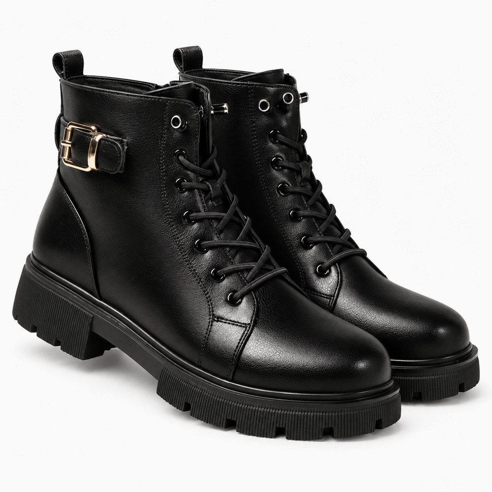 Women's Black Flat Leather Ankle Boots