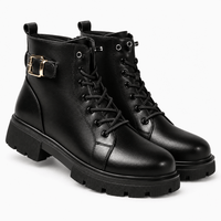 Women's Black Flat Leather Ankle Boots