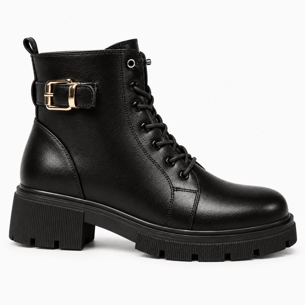 Women's Black Flat Leather Ankle Boots