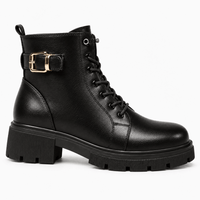Women's Black Flat Leather Ankle Boots
