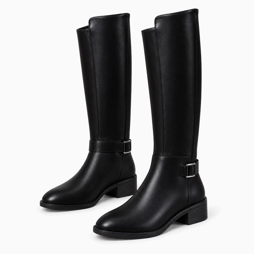 Women's Black Flat Leather Boots