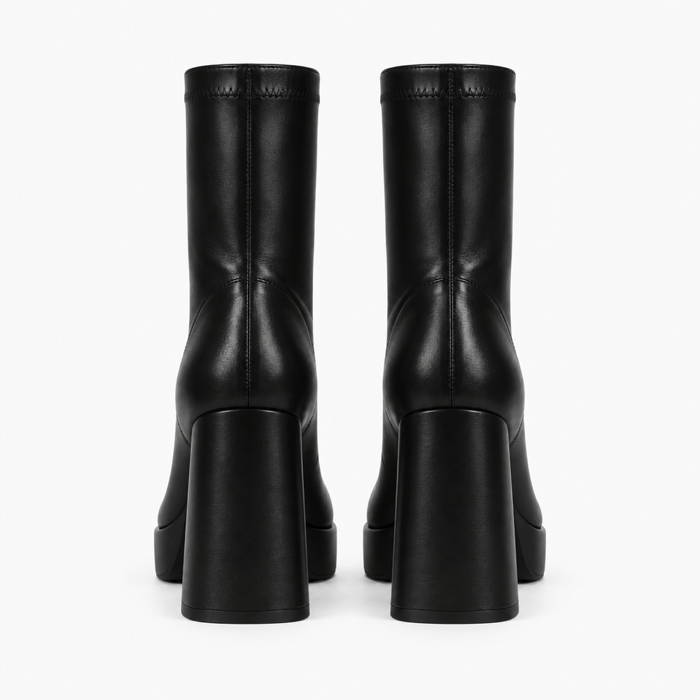 Women's Black Leather Block-Heeled Boots