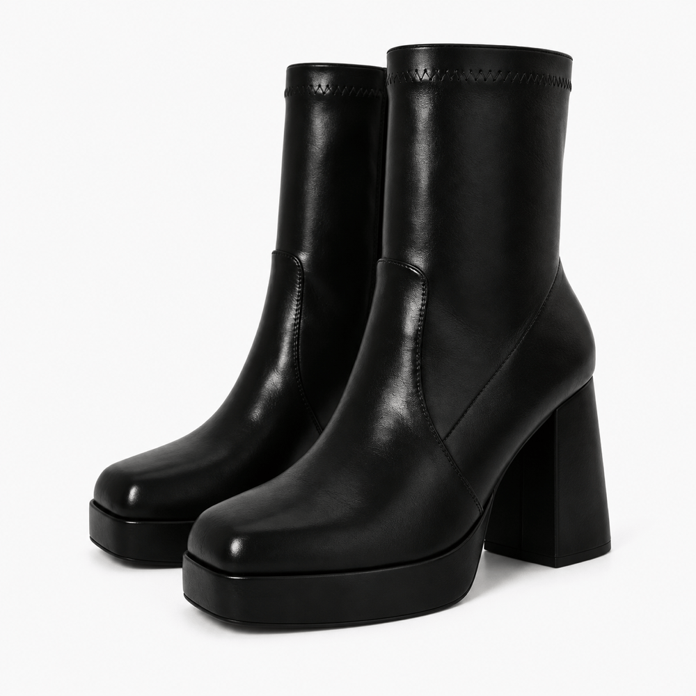 Women's Black Leather Block-Heeled Boots