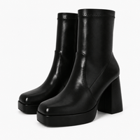 Women's Black Leather Block-Heeled Boots