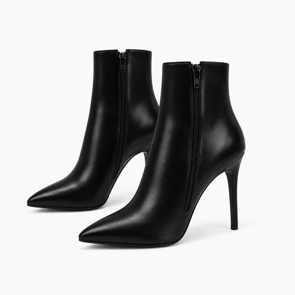 Women's Black Leather Heeled Ankle Boots