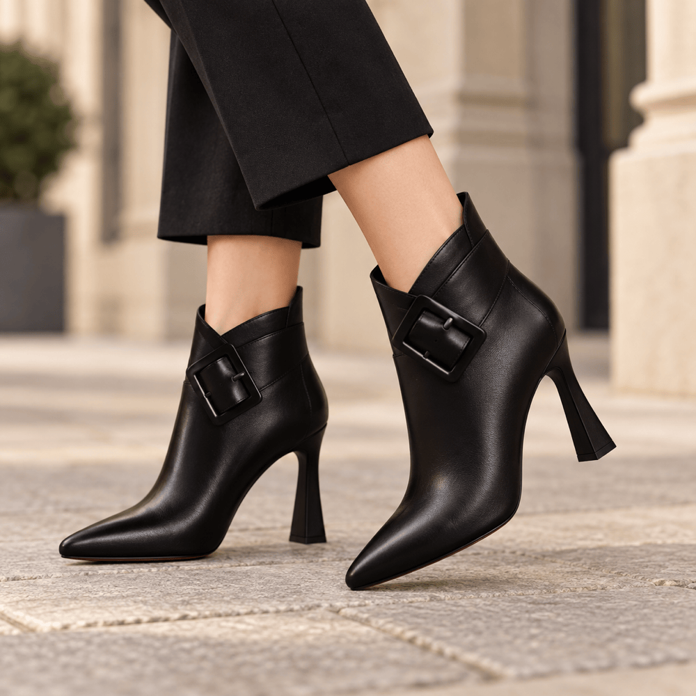 Women's Black Leather Heeled Boots