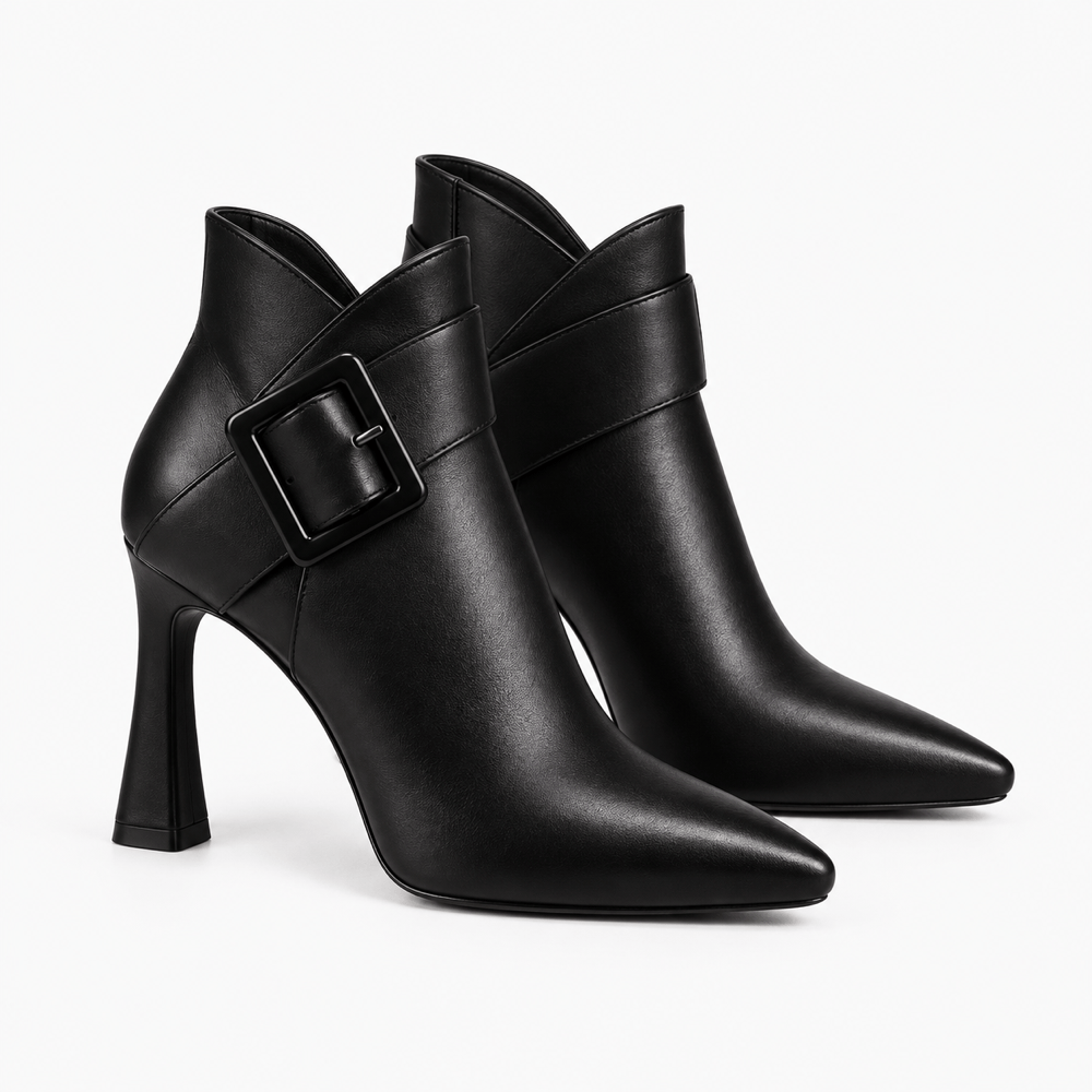 Women's Black Leather Heeled Boots