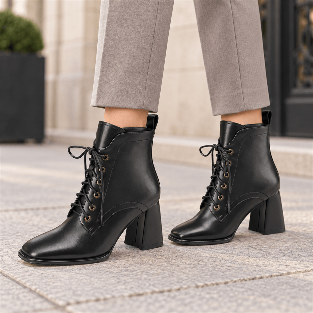 Women's Black Leather Lace-Up Boots