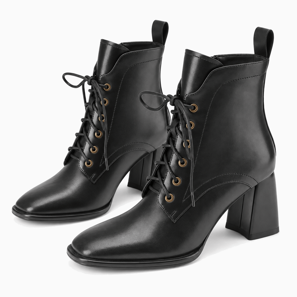 Women's Black Leather Lace-Up Boots