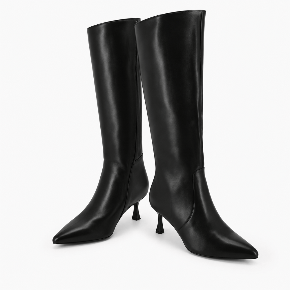 Women's Black Leather Slim-Heeled Boots