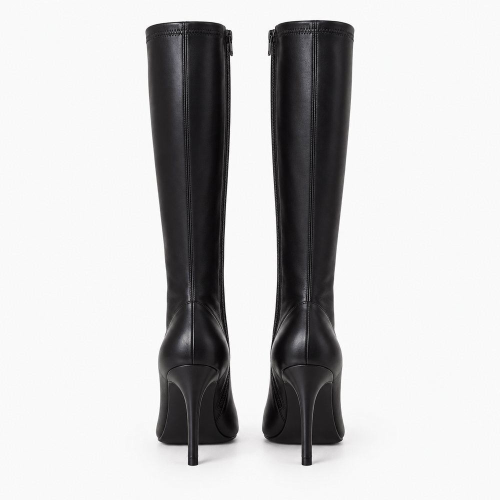 Women's Black Leather Stiletto-Heeled Boots