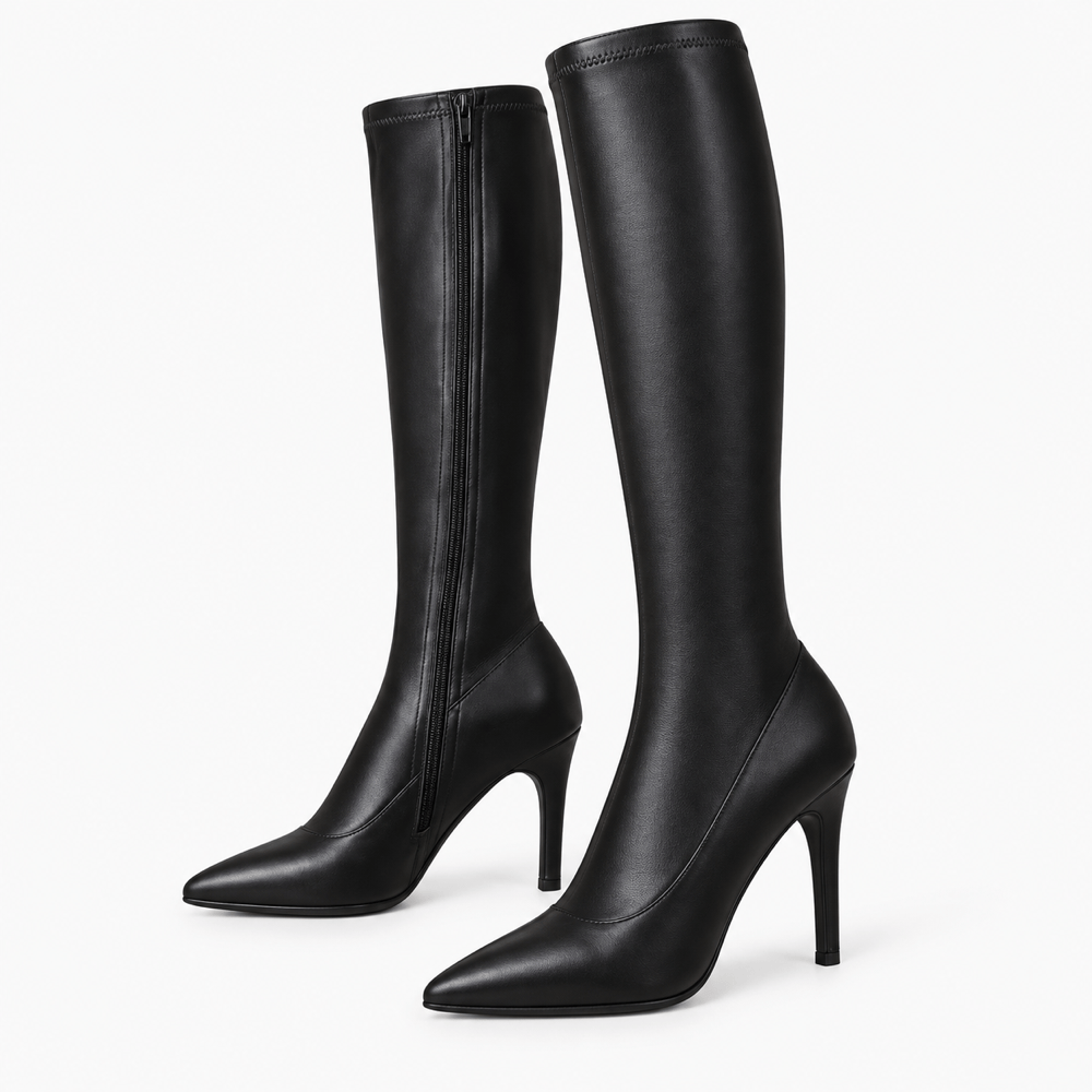 Women's Black Leather Stiletto-Heeled Boots