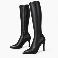 Women's Black Leather Stiletto-Heeled Boots
