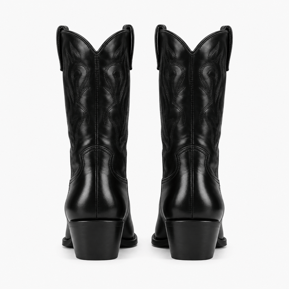 Women's Black Leather Western Ankle Boots