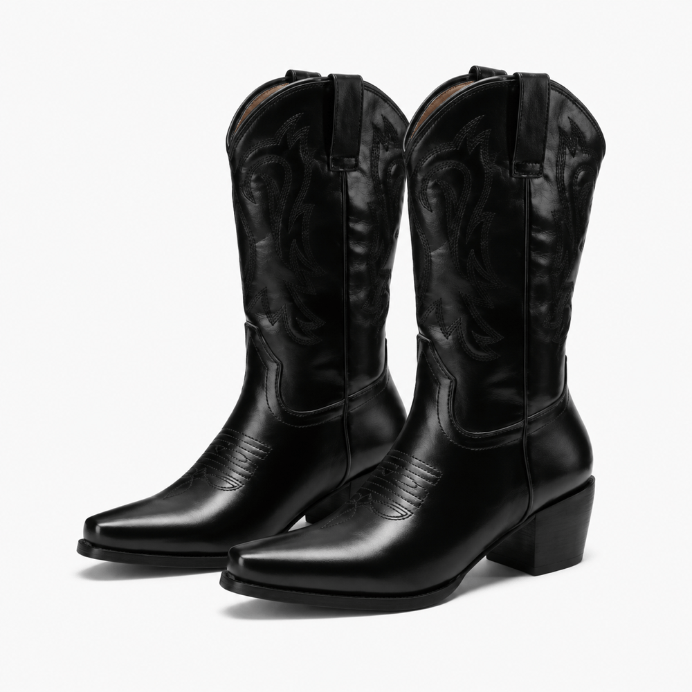 Women's Black Leather Western Ankle Boots