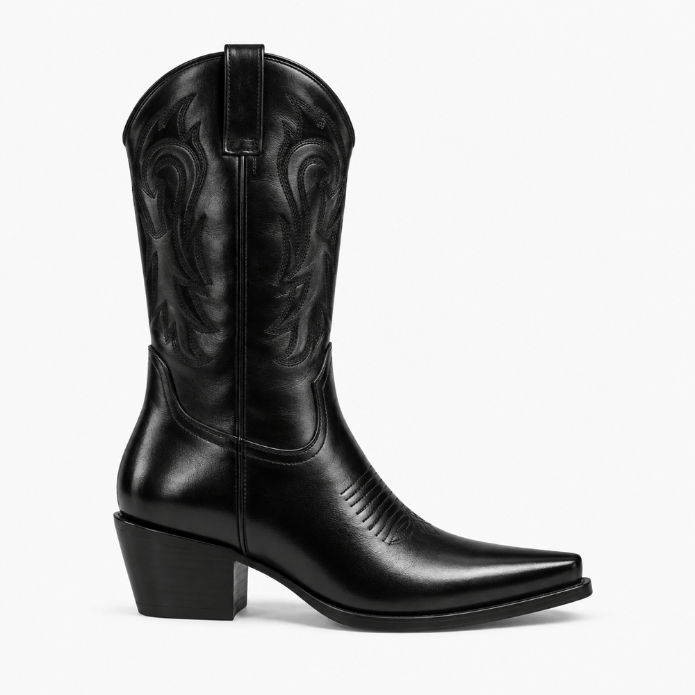 Women's Black Leather Western Ankle Boots