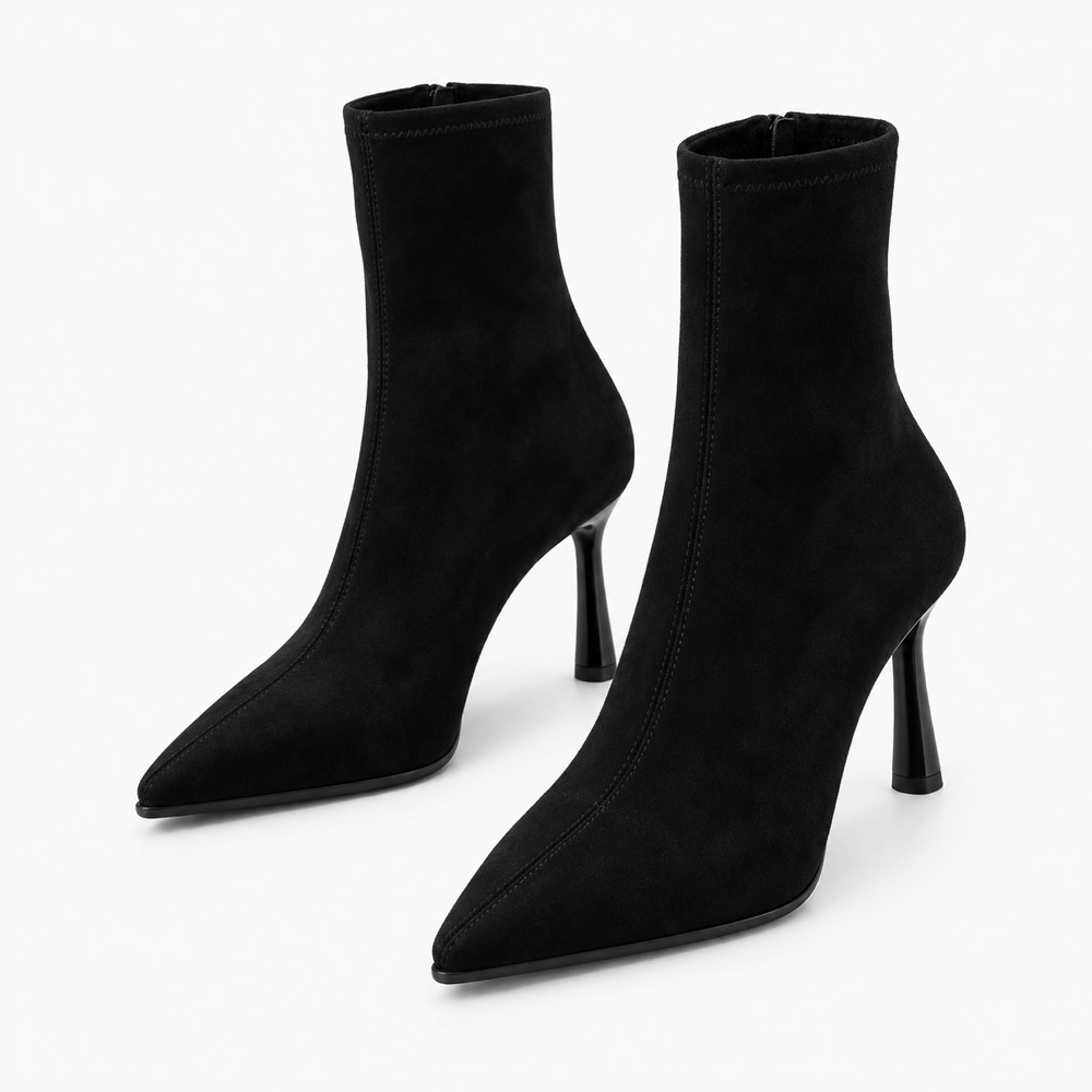 Women's Black Suede Heeled Ankle Boots