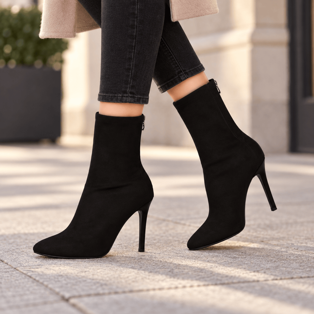Women's Black Suede Heeled Boots