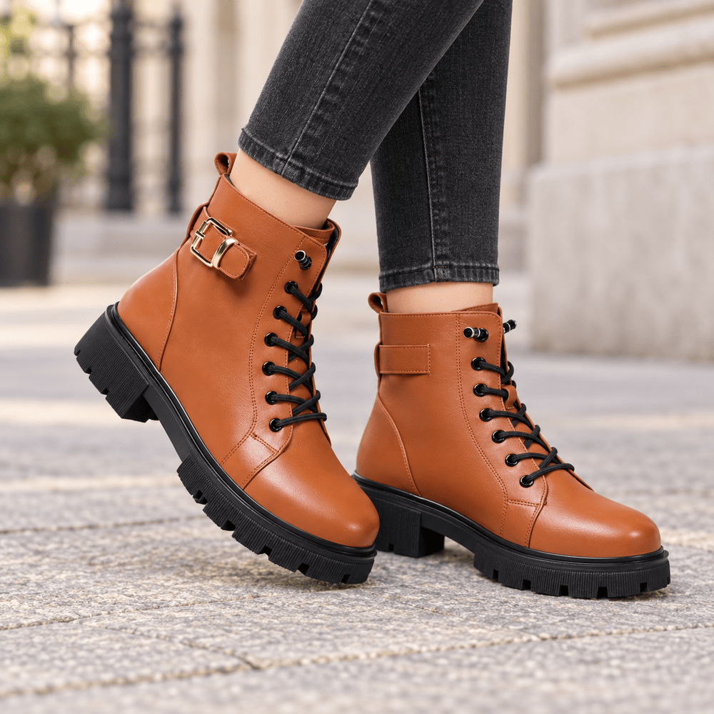 Women's Brown Flat Leather Ankle Boots
