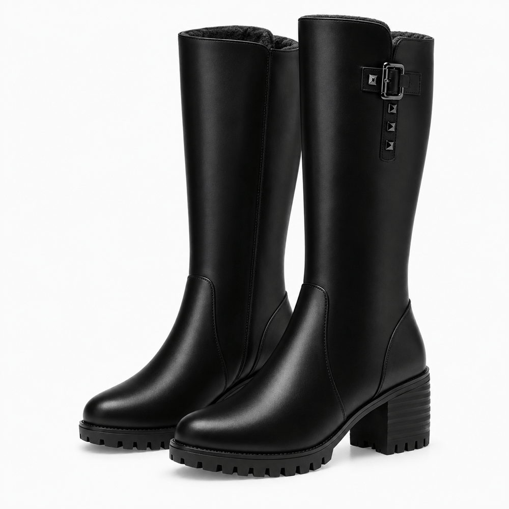Women's Winter Black Leather Heeled Boots