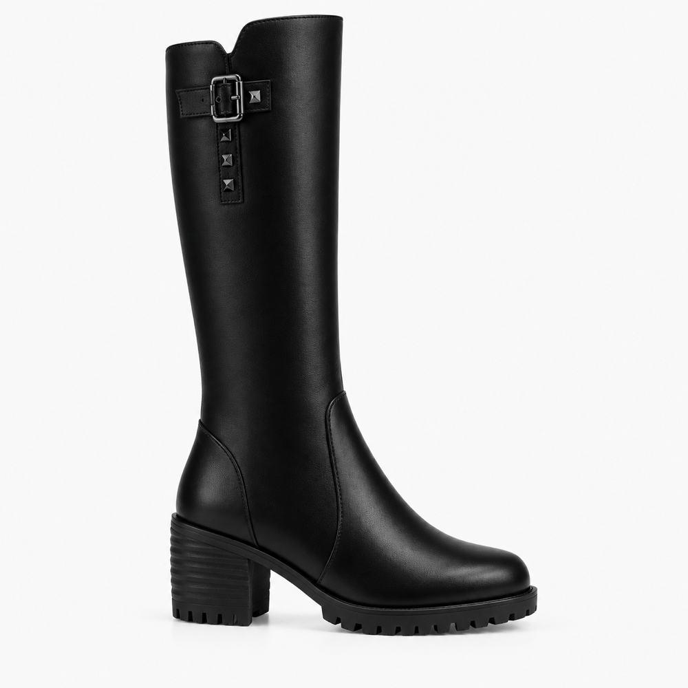 Women's Winter Black Leather Heeled Boots